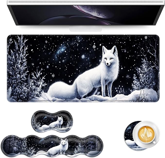 Keyboard Mouse Pad Set Extended Gaming Mouse Pad+Ergonomics Keyboard Wrist Rest Support Memory Foam Easy Typing Pain Relief 4Pcs XL Ultra Thick Desk MatFox Snowy Night Sky