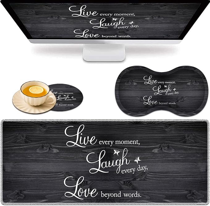 Large Game Mouse Pad + Wrist Support Pad + Coffee Coaster Quote Live Love Laugh Foldable Table Mat with Stitched Edge Non-Slip Set Pad Suitable for Office Work and Home