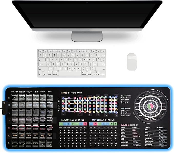 Guitar Theory Cheat Sheet Mousepad – 35×25cm &amp 80×30cm – Chords Scales Fretboard Notes Circle of Fifths – Right-Handed Desk Mat – Optional LED Version (XXL with LED (800x300mm))