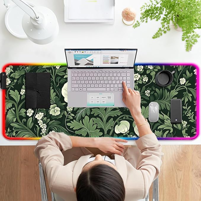 RGB Green Plant Wildflower Gaming Desk Mat Computer Keyboard Large Extended Long Floral LED Mouse Pad for Office and Home XL (W26)