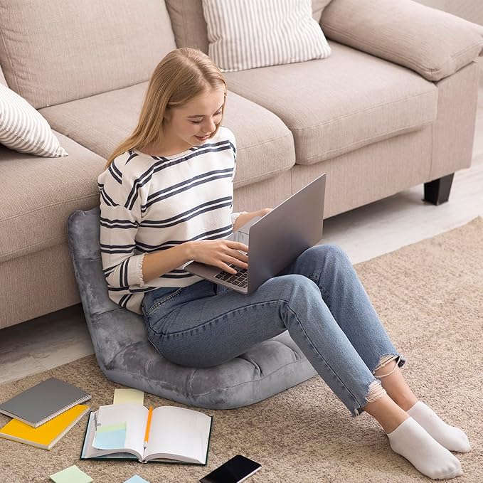 14-Position Adjustable Floor Gaming Chair Foldable Memory Foam Armless Sofa Seat Couch Recliner with Comfy Back Support for Working Meditation Reading Grey
