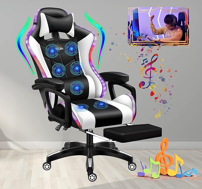 TBQATNTS 7-Point Massage Gaming Chair with RGB Lighting and SpeakersErgonomic Gaming Chair with footrest and Headrest and Lumbar Pillow Video Game ChairsAdults High Back Gaming ChairWhite