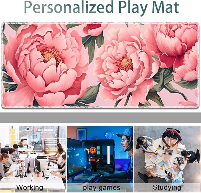 Large Gaming Mouse Pad + Keyboard Wrist Rest + Wrist Support + Coaster Set Memory Foam Ergonomic for Easy Typing XXL Extended Gaming Mouse Pad Table Pad - Art Pink Flowers