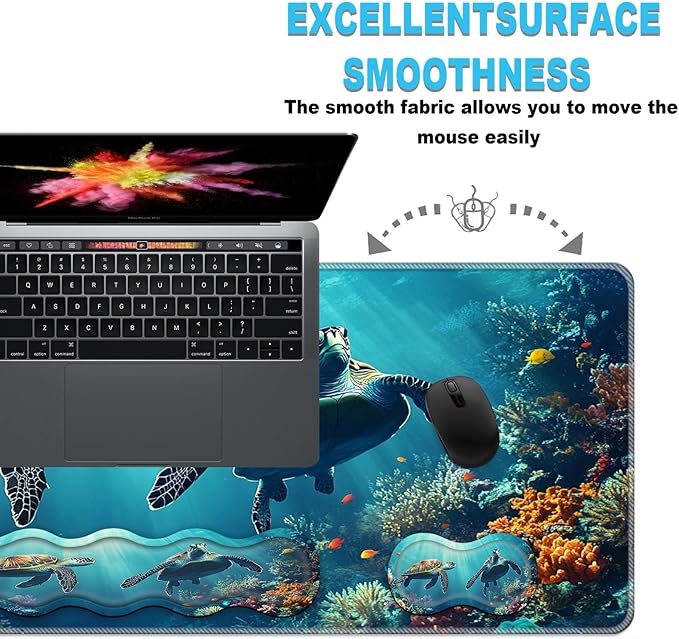 Keyboard Wrist Rest and Mouse Pad Set31.5x11.8 Inches Desk MatWaterproof Non-Slip Ergonomic Wrist Support for Pain ReliefExtended Desk Protector for Office Home GamingCute Turtle