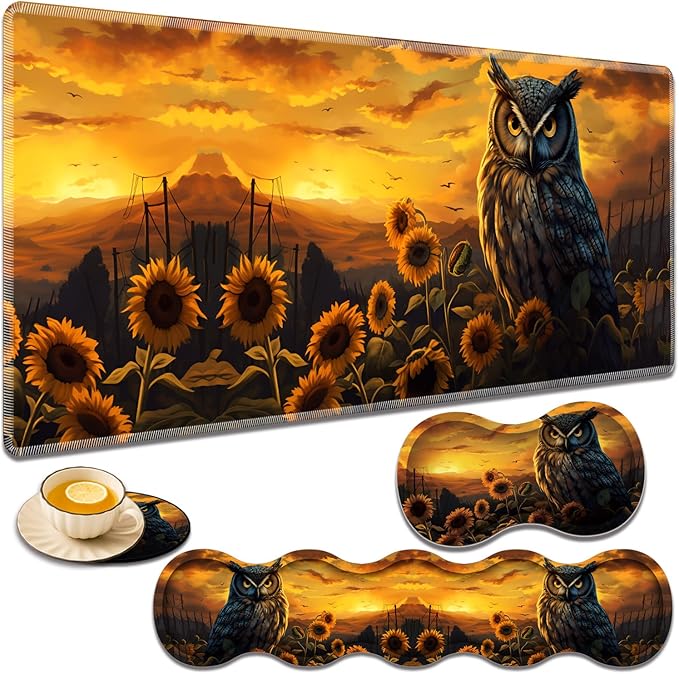 Gaming Mouse Pad Set Large Gaming Mouse Pad+Keyboard Wrist Rest+Mouse Wrist Rest+Coaster Easy Typing Pain Relief 31.5 × 11.8 inch Desk Mat for Home Office - Owl Among Sunflowers at Dusk