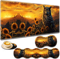 Gaming Mouse Pad Set Large Gaming Mouse Pad+Keyboard Wrist Rest+Mouse Wrist Rest+Coaster Easy Typing Pain Relief 31.5 × 11.8 inch Desk Mat for Home Office - Owl Among Sunflowers at Dusk