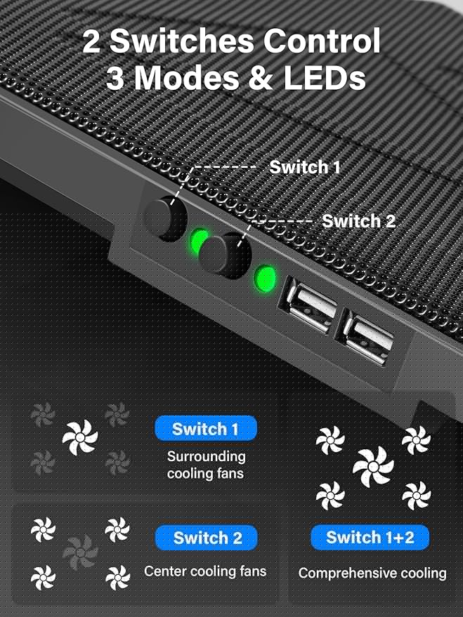 Kootek Laptop Cooling Pad Laptop Cooler with 5 Quiet Fans for 12-17 Computer PC Notebook Gaming Laptop Fan Height Adjustable Laptop Cooling Stand Laptop Accessories Green