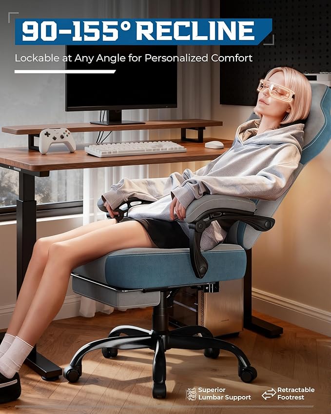 GTPLAYER Gaming Chair Computer Chair with Footrest and Lumbar Support for Adults 360°-Swivel Big &amp Tall Reclining Seat for Office or Gaming (Grey)