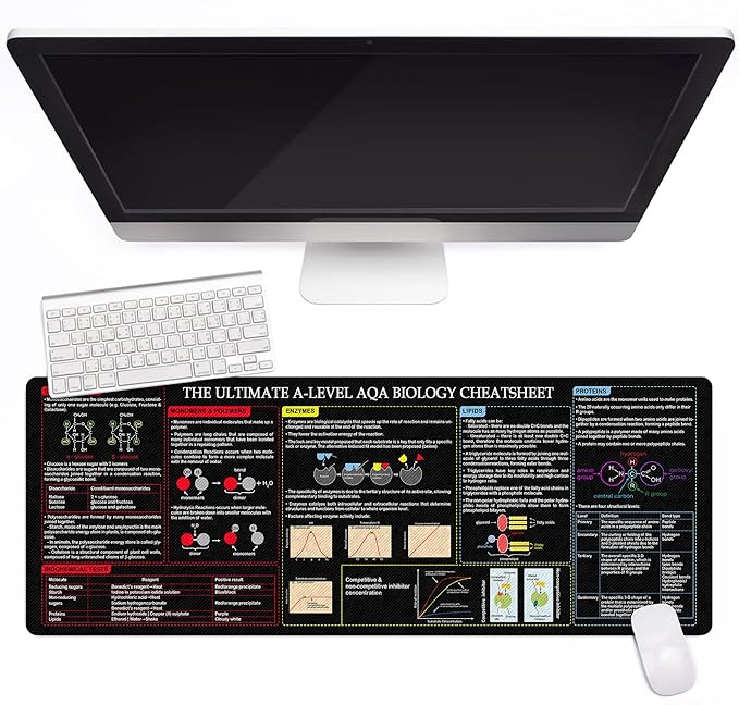 A-Level Biology Cheat Sheet Mouse Pad Mouse Mat KMH Study Guide for AQA Biology Students Learners and Revision Desk Mat Essential Computer Accessories for Study Work and Reference Purposes