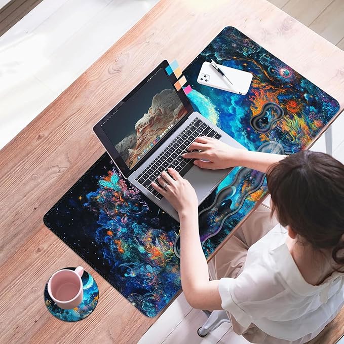 Mouse PadLarge Desk Mat Set 4in1 XL Mousepad + Keyboard Wrist Rest+Mouse Wrist Rest+Coaster with Ergonomic Desk Pad for Home Office Table Computer Cover -Cosmic Black Cat and Moon