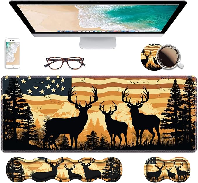 Ergonomic Keyboard Wrist Rest &amp Mouse Pad Wrist Rest Set Large XXL Gaming Desk Mat 31.5x 11.8 with Non-Slip Base Memory Foam Easy Typing Pain Relief for Home &amp Office American Flag Deer