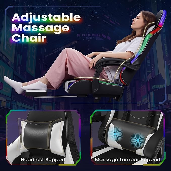 Homall Gaming Chair Video Game Chair with Footrest and Massage Lumbar Support Ergonomic Computer Chair Height Adjustable with Swivel Seat and Headrest (RGB Lvory)