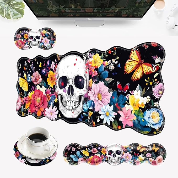 Desk Mat Mouse Pad with Wrist Rest 4-in-1 Large Mouse Pads for Desk Ergonomic Mouse Pad and Keyboard Wrist Rest Gaming Keyboard Mat for OfficeSkull Flowers Butterflies