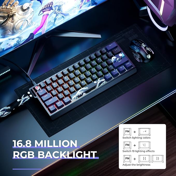 HITIME x XVX 60% Percent Keyboard with Strap H61 Wired Aluminum Gaming Keyboard Hot Swappable Kanagawa Anime PBT Keycaps RGB Backlit Cherry Profile Sound Absorbing Pads Creamy Linear Switch
