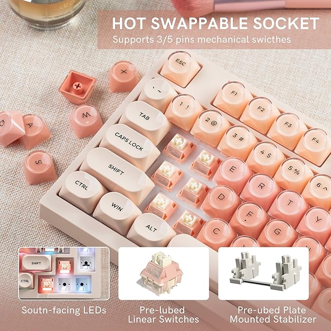 COSTOM WK75 75% Wireless Gaming Mechanical KeyboardBT5.0/2.4GHz/USB-C Hot Swappable Pre-lubed Custom Linear SwitchesGasket StructureRGB Backlit Keyboard for PC/Laptop/Xbox/PS4/PS5 (Pink)