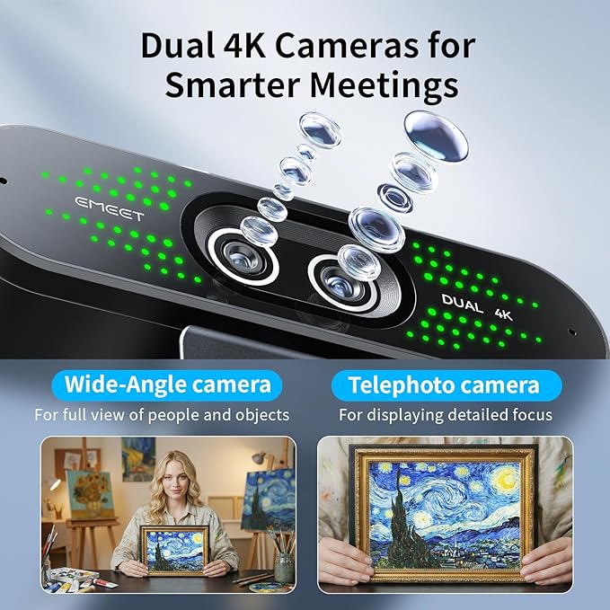 EMEET NOVA 4K Dual-Camera 4K Webcam for PC Wide-Angle and Telephoto Cameras Max 11X Hybrid Zoom PDAF Focus Remote Control RGB Lights Webcam with Microphone for Business or Personal Online Calls