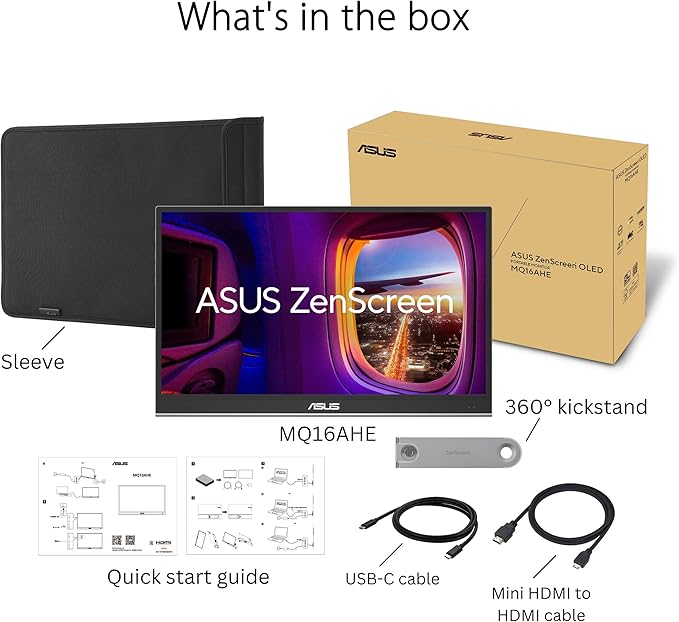 ASUS ZenScreen 16” OLED USB-C portable monitor (MQ16AHE) – Full HD 100% DCI-P3 1ms HDR-10 Mini HDMI Eye Care Proximity Sensor 360° kickstand Compatible with Laptops Smartphones 3 yr warranty