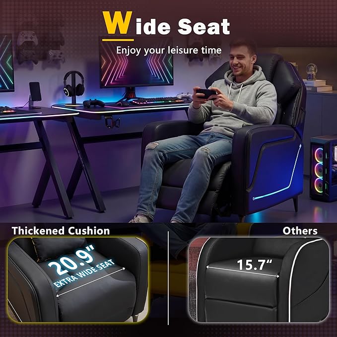 Gaming Recliner Chair with LED Lights Racing Style Big and Tall PU Leather Gaming Chair for Adults Lumbar Support Modern Ergonomic Home Theater Seating for Living Room (Black Ste of 2)