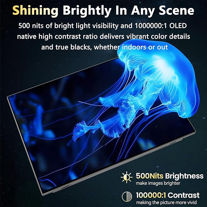 13.3” 1080P OLED Portable Monitor Touchscreen 100000:1 contrast ratio 500 nits brightness Display Built-in Stand Speakers HDR Portable ScreenTravel Monitors for Laptop Mac PC Phone PS4/5 Xbox Switch