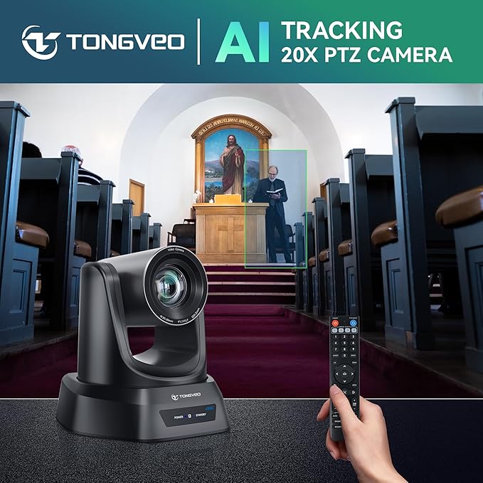 TONGVEO 4K AI PTZ Camera with Auto Tracking and 20X Optical Zoom Conference Room Webcam with HDMI/USB3.0/LAN/PoE Ideal for Church Worship Zoom Meetings Live Streaming and Education