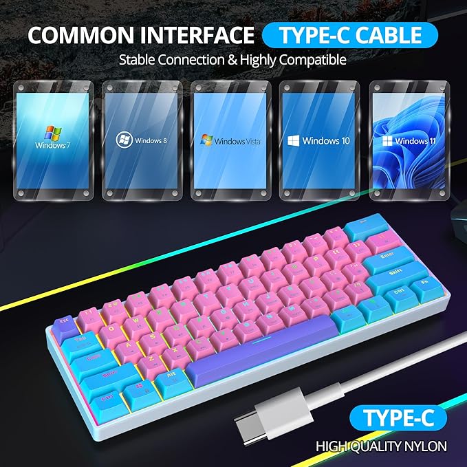 Protable 60% Percent Gaming Keyboard Mechanical Mini Compact RGB Backlit 61 Keys Wired Office Keyboard with red Switch for Mac/Win (Zhi/red Switch)
