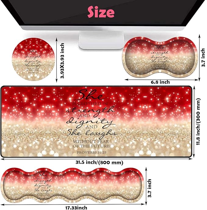 Large Gaming Mouse Pad Keyboard Wrist Rest + Mouse Wrist Pad + Coaster Combination Set Memory Sponge Non-Slip Base. Suitable for Office and Home Red Glitter Quote Proverbs 31-25