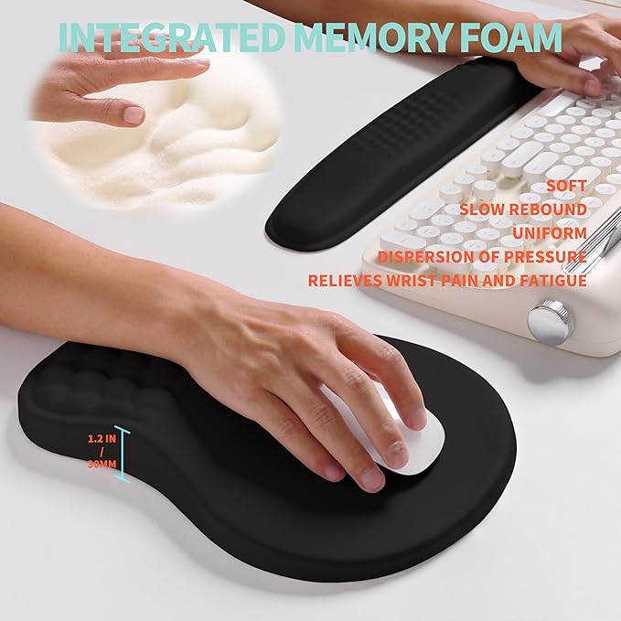2-in-1 Ergonomic Set Wave Rise Keyboard Wrist Rest and Massage Bulge Slope Mouse Pad Wrist Support Cushion Memory Foam Integrated to Relieve Wrist Pain Black