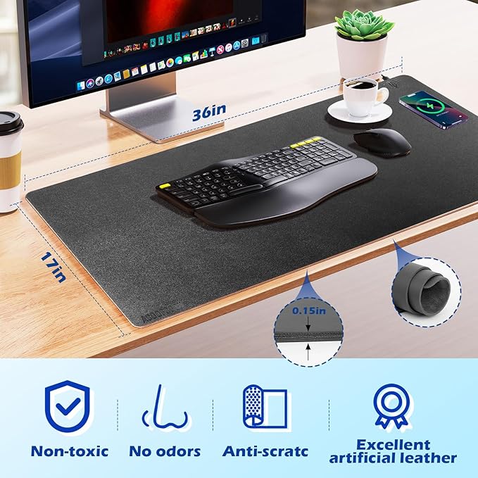 Wireless Charging Desk Mat with Desk Pad for Desktop Charging Large Mouse Pad Waterproof Leather Computer Mat Mouse Pad Non-Slip Protector on Top of Desks for Keyboard and Mouse (black-r 36*17inch)