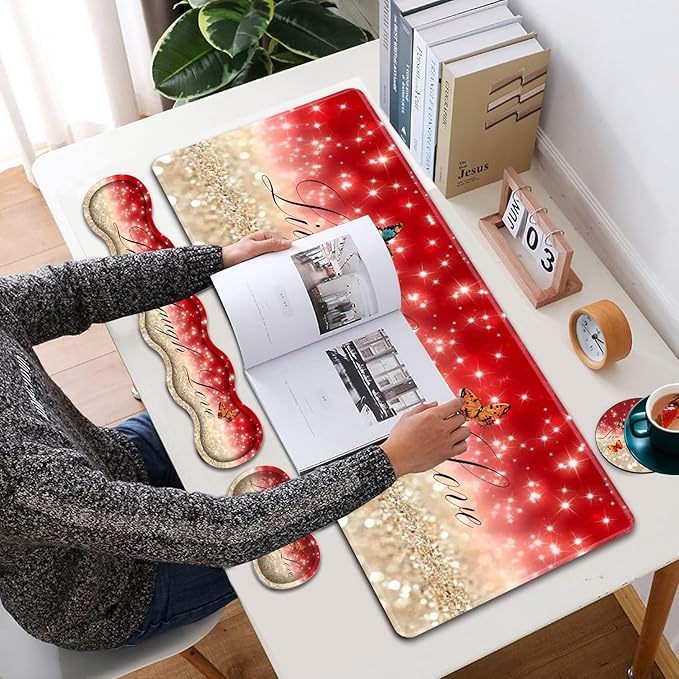 Large XXL Gaming Desk Mat 31.5x 11.8 Ergonomic Keyboard Wrist Rest &amp Mouse Pad Wrist Rest + Coaster Set Non-Slip Base Memory Foam Office and Home Live Laugh Love