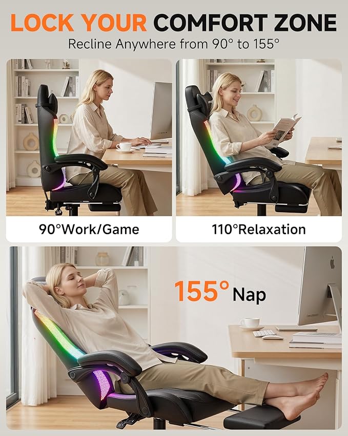GTPLAYER Gaming Chair Ergonomic Computer Office Chairs for Adults with Footrest Height Adjustable Linkage Armrests 90-155° Recline &amp Headrest Lumbar Support RGB Black