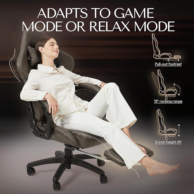 Dowinx Gaming Chair Big and Tall Ergonomic PC Gaming Chair with Footrest &amp Massage Racing Style Reclining Computer Chair for Adults 400LBS Capacity - Heavy Duty Gamer Chair (Brown)