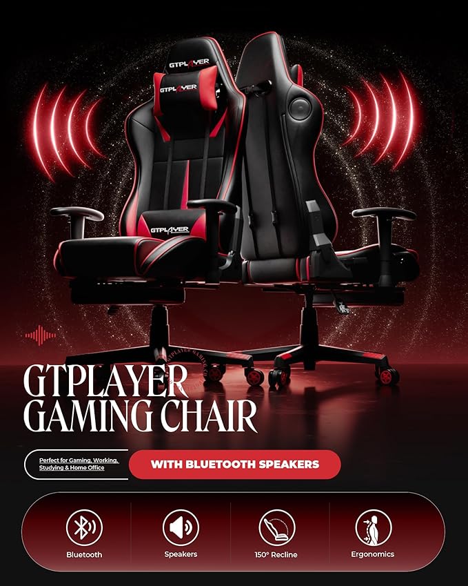 GTPLAYER Gaming Chair with Speakers Video Game Chairs with Footrest PC Game Chairs for Adults - Padded High Back Ergonomic Reclining Silla Linkage Armrest 909MF Black-Red