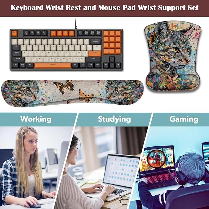Keyboard Wrist Rest and Mouse Pad Wrist Support with Lace-Shaped Coaster Set Ergonomic Gel Memory Foam and Anti-Slip Base Easy Typing and Pain Relief - Kitty