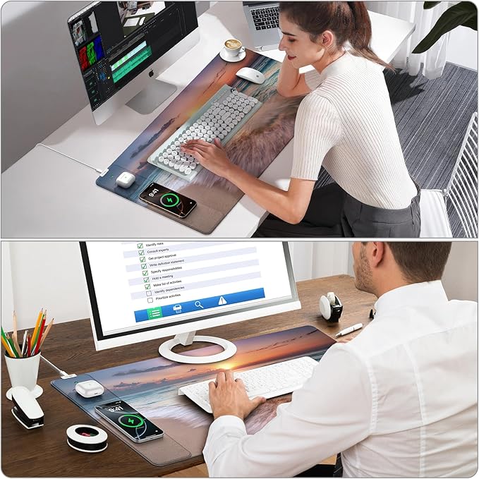 Wireless Charging Mouse Pad 31.5x15.8 Large Gaming Desk Mat for Keyboard/Laptop Waterproof Ultra-Smooth Surface Non-Slip Base with 20W PD Adapter Beach Sunset