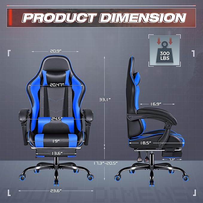 Furmax Gaming Chair Video Game Chair with Footrest and Massage Lumbar Support Swivel Seat Height Adjustable Computer Chair with Headrest Racing E-Sport Gamer Chair (Blue)