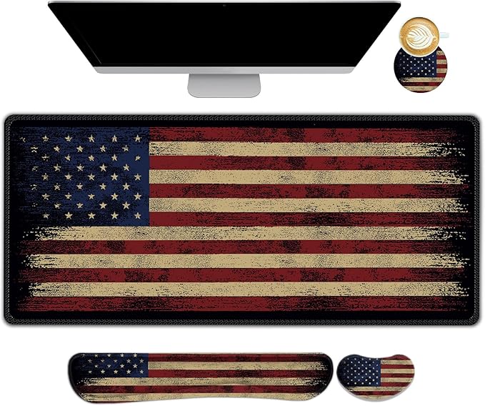 Desk Mat Pad Gaming Mouse Pad Wrist Support Set 4 in1 Non-Slip XXL Large Mousepad + Ergonomic Keyboard Wrist Rest+Mouse Wrist Rest+Coaster for Home Office PC Computer I Vintage American Flag