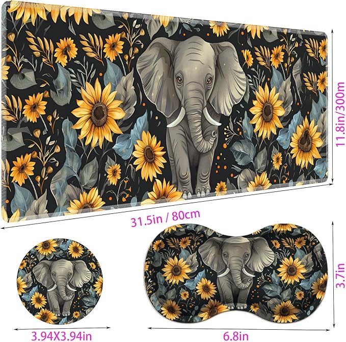 Large Gaming Mouse Pad + Mouse Wrist Rest Pad + Coaster Combination 31.5 x 11.8 Durable Non-Slip Extension Table Mat Suitable for Office and Home Baby Elephant and Sunflower