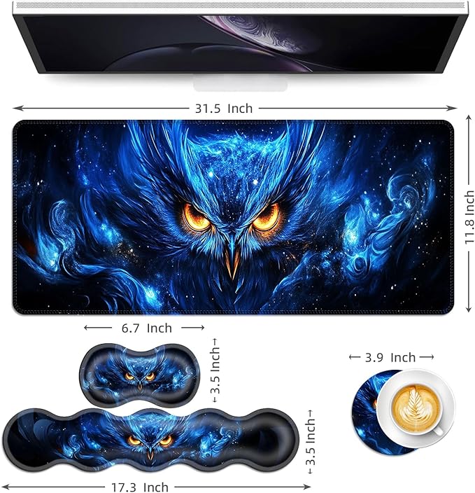 Keyboard Mouse Pad Set Extended Gaming Mouse Pad+Ergonomics Keyboard Wrist Rest Support Memory Foam Easy Typing Pain Relief 4Pcs XL Ultra Thick Desk MatCosmic Owl Glowing Eyes