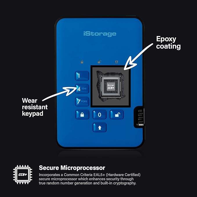 iStorage diskAshur2 HDD 4TB Blue | Secure portable hard drive | Password protected | Dust &amp water resistant | Hardware Encryption