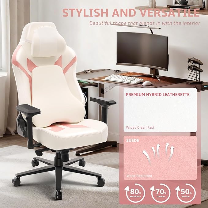 Ergonomic Gaming Chair Computer Desk Chairs 4D Armrests High Back Office Chair with Headrest &amp Lumbar Pillow Tilt Rocker Recliner Heavy-Duty Base White PU Leather &amp Pink Suede Comb