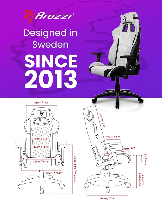 Arozzi Avanti Gaming Chair - Soft Fabric Ergonomic Gaming Chairs for Adults - Adjustable Height Backrest &amp Armrest with Head Pillow - Home Office Setup Professional Computer Chairs Light Grey