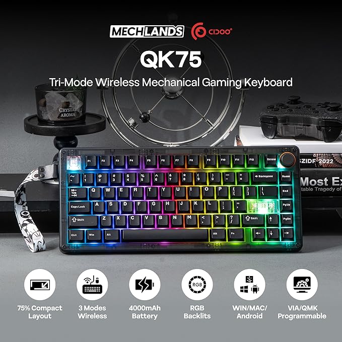 MechLands CIDOO QK75 VIA Programmable 75% Compact Keyboard USB-C/BT5.0/2.4Ghz Wireless Hot Swappable Custom Mechanical Keyboard with Gasket Mounted PC Plate 4000mAh Battery for Win/Mac (Black)