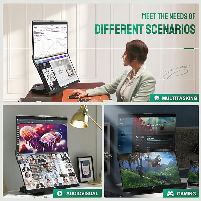 Mobile Pixels Geminos 2 x 24 inch FHD Stacked Computer Monitor with All-inclusive Dual Vertical Monitors 100W USB-C Charging 1080P Webcam&ampSpeakers HDMI/USB-A/USB-C Height Adjustable (2 Monitor