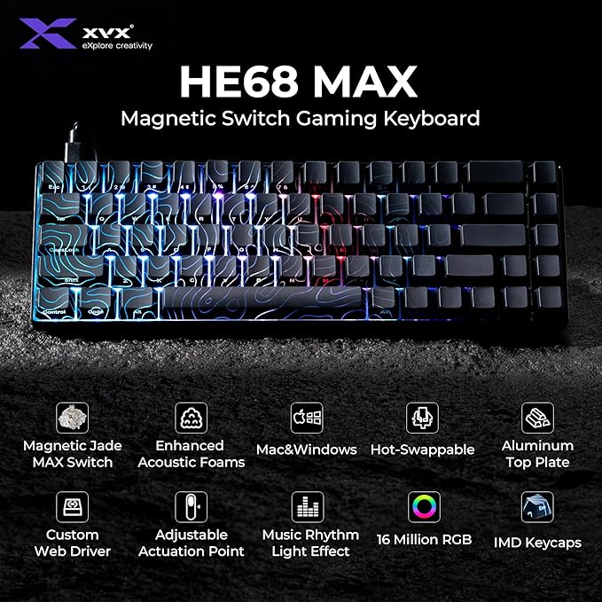 XVX HE68 Max Rapid Trigger Keyboard 60% PercentHall Effect Keyboard with Gateron Magnetic Jade Max SwitchCNC Aluminum Frame Custom Mechanical Key Board for PC/Laptop/Xbox/PS4/PS5 Black Phantom