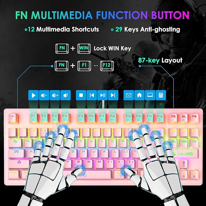 LexonElec K2 Mechanical Gaming KeyboardBlue Switch Mini 82 Keys Wired Rainbow LED Backlit KeyboardLightweight Gaming Mouse 6400DPI Honeycomb Optical for MAC PC Gamers(Pink)