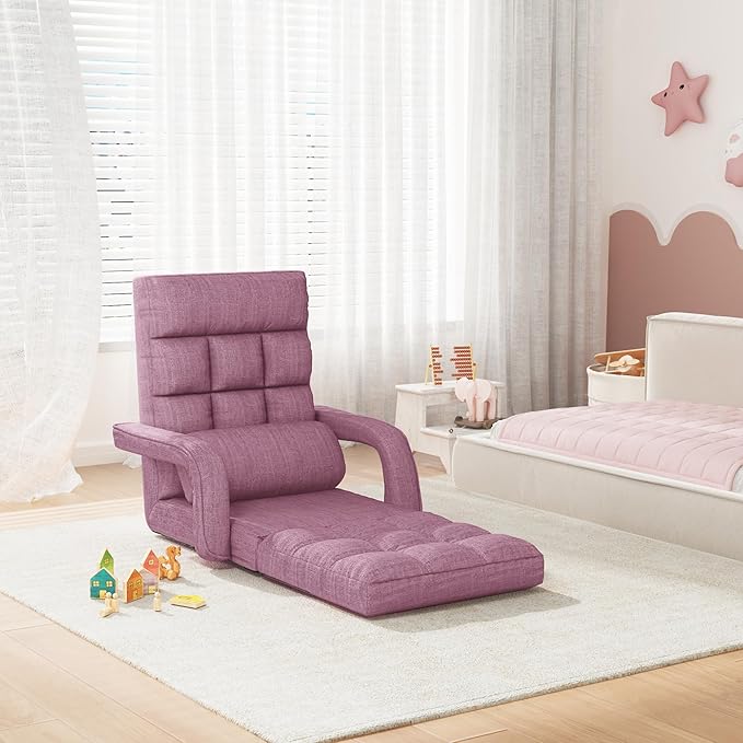 Adjustable Floor Gaming Chair for Adults 6-Position Chaise Lounge Chair with Meditation Arm Foldable Lazy Sofa with Pillow Comfy Chair Indoor for Bedroom Dorm Living Room Purple