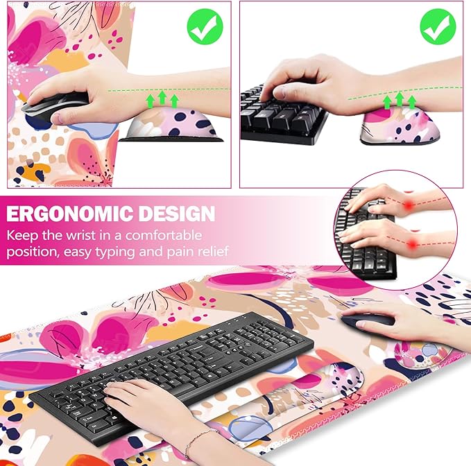 ARTSO Keyboard Wrist Rest Mouse Pad Set Extended Gaming Mouse Pad+Keyboard Wrist Support Memory Foam Ergonomic Abstract Flower Desk Pad Combo for Home Office Study Game