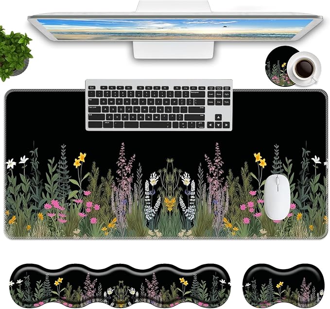 Keyboard Mouse Pad SetLarge Mouse Pad+Keyboard Wrist Rest+Wrist Support+Coaster31.5x11.8in Extended Desk Mat for Computer Laptop Office Home - Weeds
