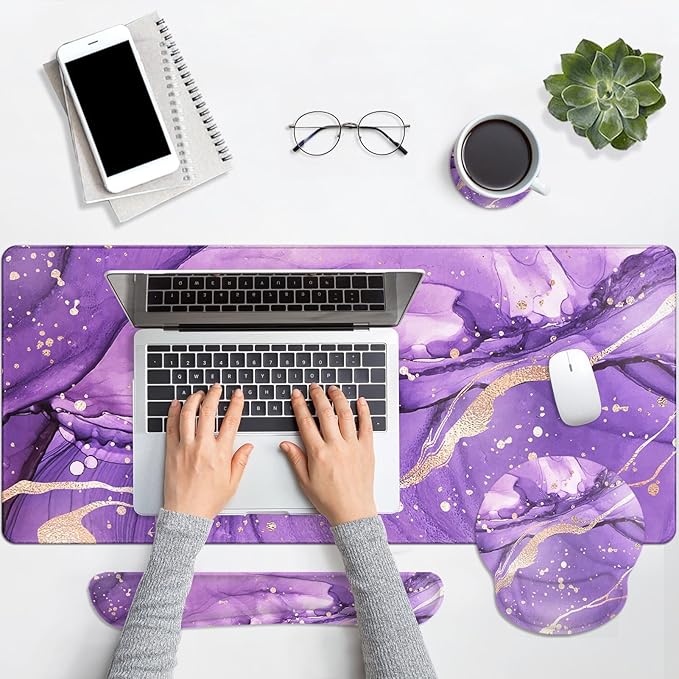 Arttown Purple Gold Marble Desk Mat Abstract Marble Mouse Pad Set 4 in 1 Ergonomic Design Large Mousepad + Keyboard Wrist Rest + Mouse Wrist Rest + Coaster Suitable for Home Office Study Game