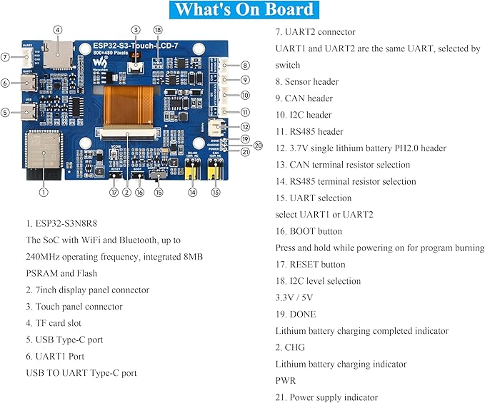 ESP32-S3 7inch Display Development Board ESP32 with 800×480 Pixel IPS LCD Screen 32-bit LX7 Dual-Core Processor Up to 240MHz Frequency Support W F&amp BLE 5 (No Touch)